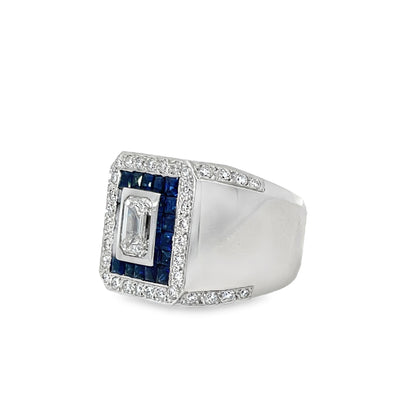 18KW MENS DIAMOND AND SAPPHIRE SIGNET RING