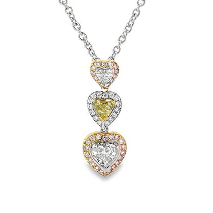 PLATINUM TRIPLE HEART PINK/YELLOW DIAMOND PENDANT