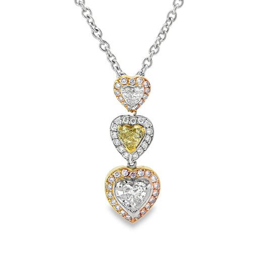 PLATINUM TRIPLE HEART PINK/YELLOW DIAMOND PENDANT