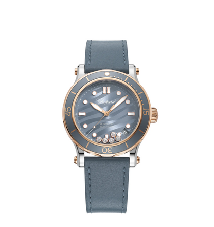 40MM SS/RG HAPPY SPORT BLUE-GREY DIAL WITH 5 FLOATING DIAMONDS