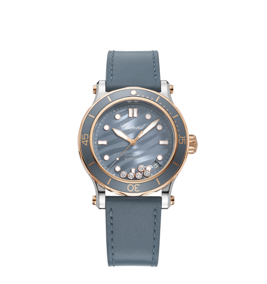 40MM SS/RG HAPPY SPORT BLUE-GREY DIAL WITH 5 FLOATING DIAMONDS