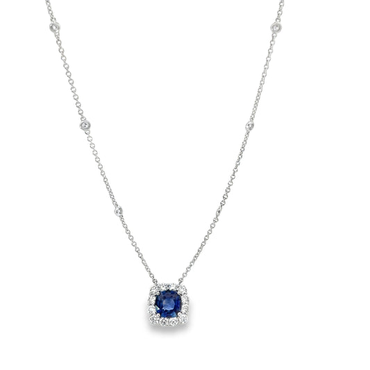18KW DIAMOND AND ROUND BLUE SAPPHIRE NECKLACE