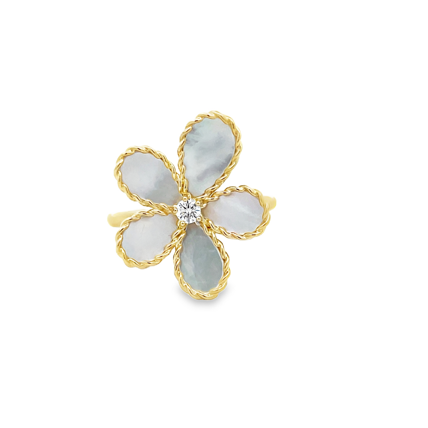 18KY JASMINE DIAMOND AND MOTHER OF PEARL FLOWER RING