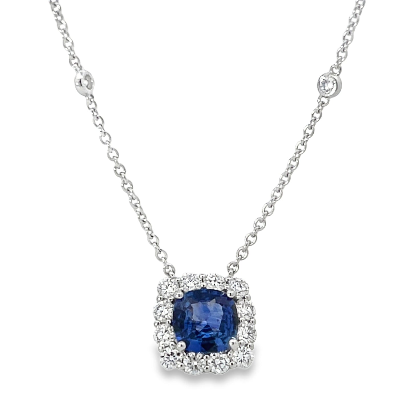 18KW DIAMOND AND ROUND BLUE SAPPHIRE NECKLACE