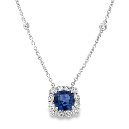 18KW DIAMOND AND ROUND BLUE SAPPHIRE NECKLACE
