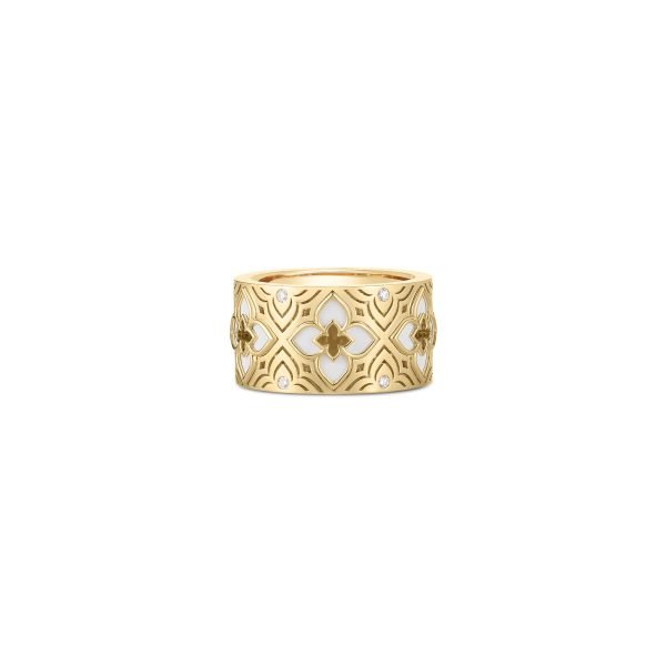 18KY VENETIAN PRINCESS ETCHED FRAME DIAMOND AND WHITE ENAMEL FLOWER RING