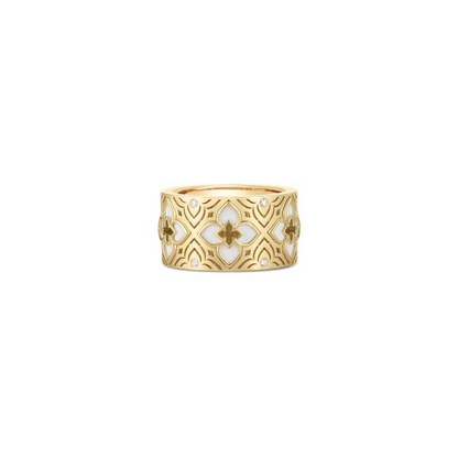 18KY VENETIAN PRINCESS ETCHED FRAME DIAMOND AND WHITE ENAMEL FLOWER RING
