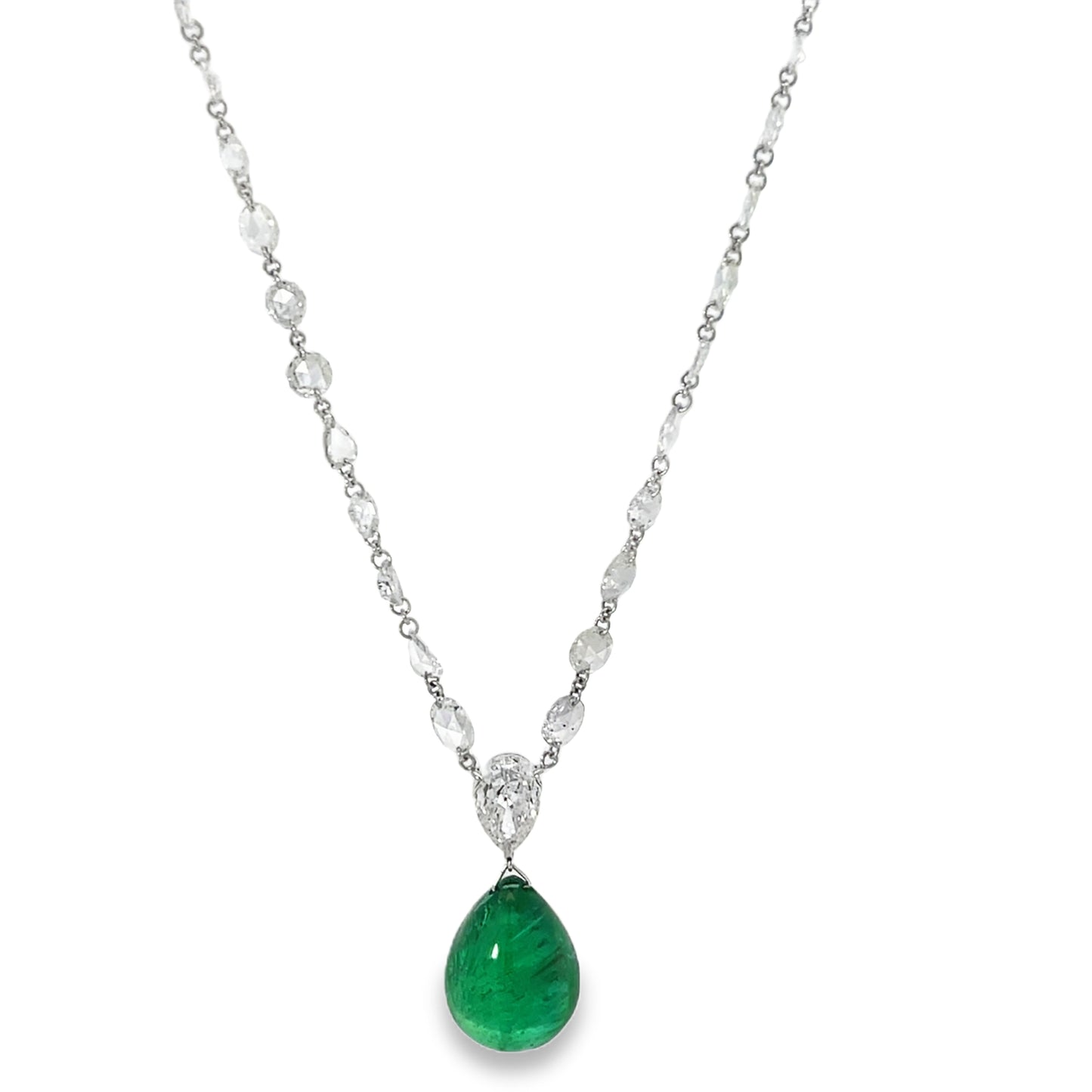 18KW DIAMOND AND PEAR SHAPE CABACHON EMERALD NECKLACE