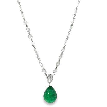 18KW DIAMOND AND PEAR SHAPE CABACHON EMERALD NECKLACE