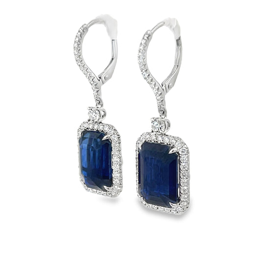 18KW EMERALD CUT BLUE SAPPHIRE DANGLE EARRINGS WITH DIAMONDS