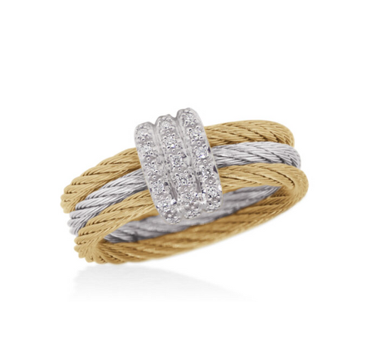 SS GREY/YELLOW CABLE 3-ROW BAND WITH 18K GOLD AND DIAMONDS