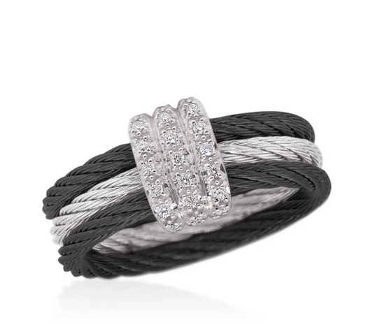 18KW/SS BLK/GRY CABLE RING W/DIAS .11CTW