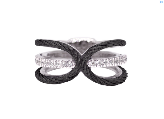 18KW/SS & BLACK CABLE DIAMOND FASHION RING
