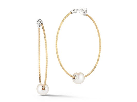 YELLOW CABLE HOOP EARRINGS WITH 18K WHITE GOLD & FRESHWATER PEARL