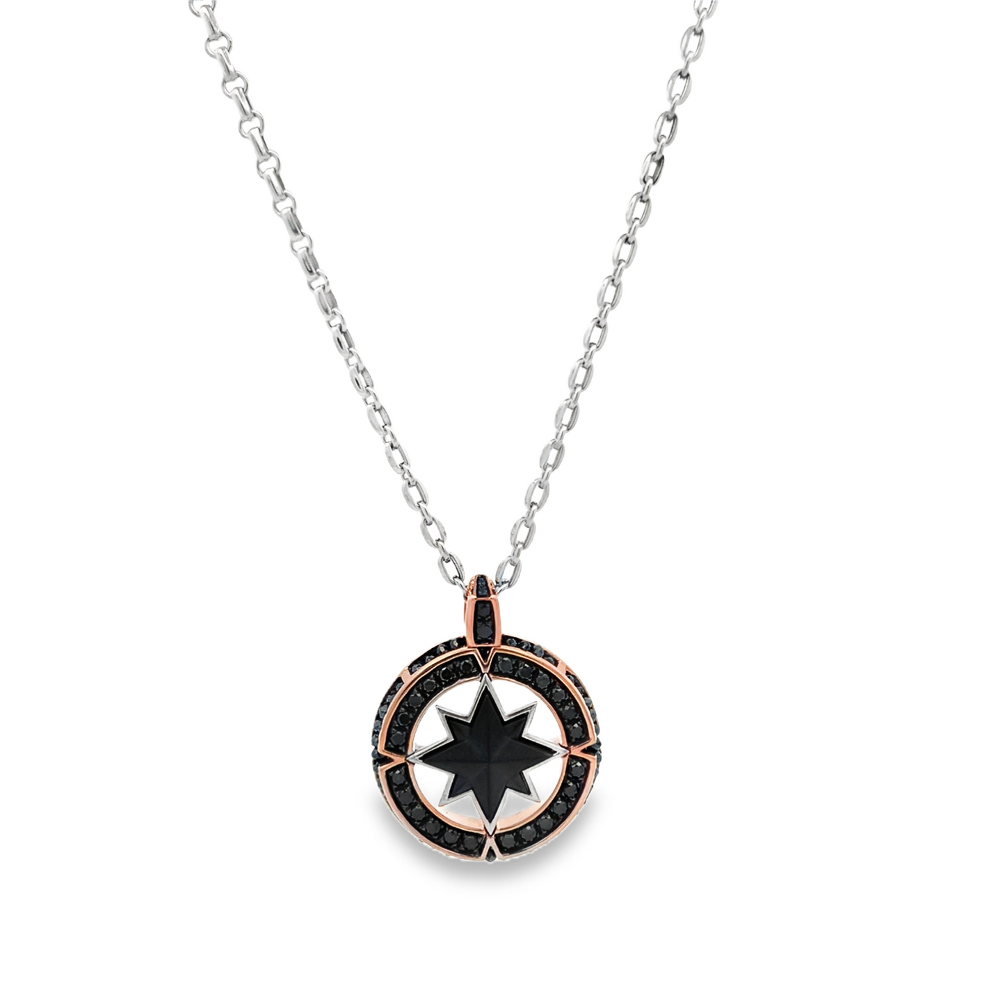 18KRW BLACK DIAMOND COMPASS PENDANT ON CHAIN