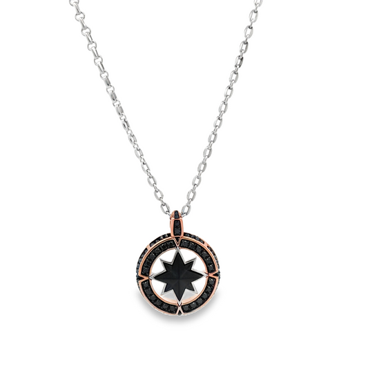 18KRW BLACK DIAMOND COMPASS PENDANT ON CHAIN