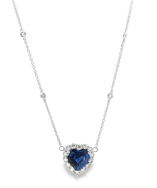 18KW DIAMOND AND BLUE SAPPHIRE HEART NECKLACE