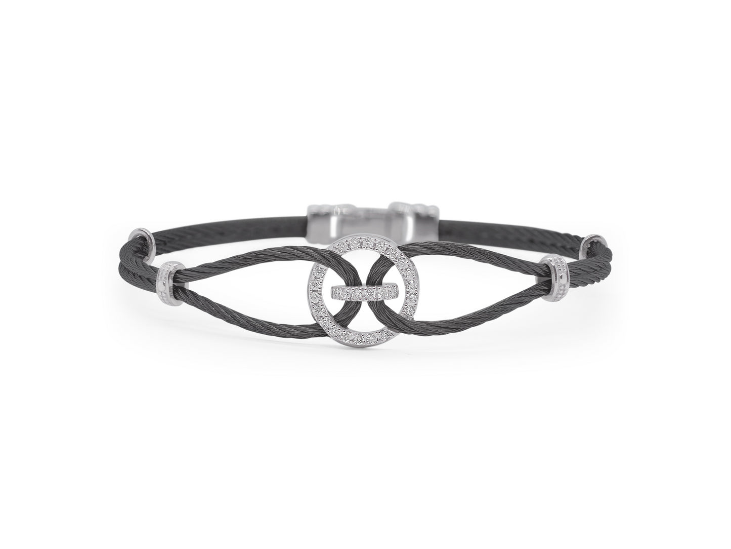 BLACK CABLE BRACELET WITH OPEN DIAMOND CIRCLE