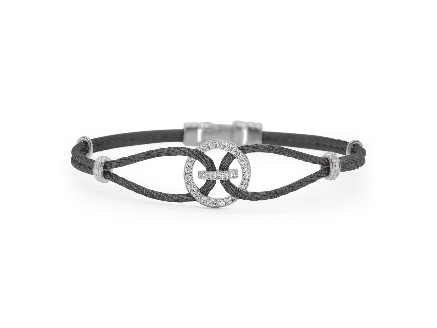 BLACK CABLE BRACELET WITH OPEN DIAMOND CIRCLE