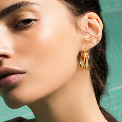 18KY DESIGNER GOLD GRADUATED THICK DOUBLE HOOP EARRINGS