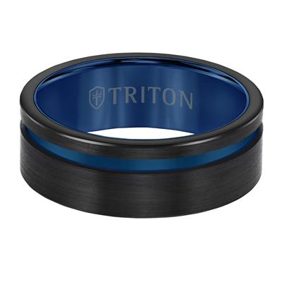 8MM SATIN FINSIH BLK/BLUE TUNGSTEN BAND