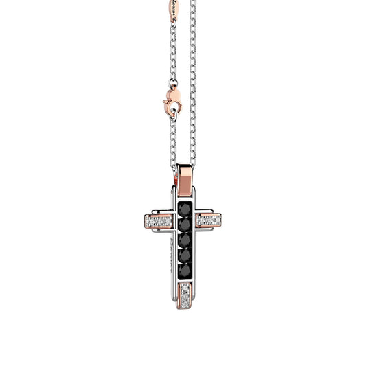 18KWR WH/BK DIA CROSS W/CHN