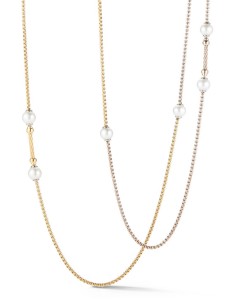 Alor’s Classique pearl necklace features a 48-inch long rolo chain with pearl stations