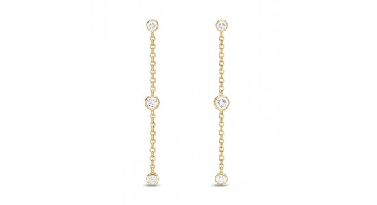 two yellow gold drop chain earrings with three diamonds each