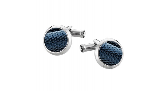 a pair of white gold cufflinks with a blue snakeskin design