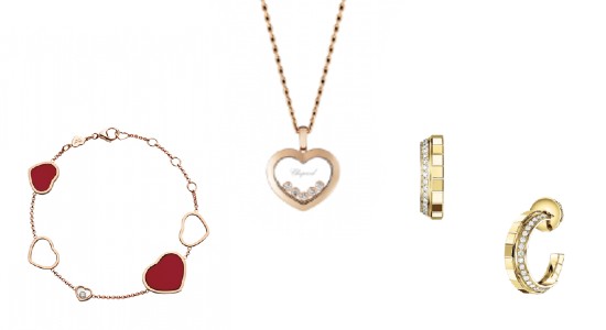 a heart bracelet, heart pendant necklace, and yellow gold huggie earrings by Chopard