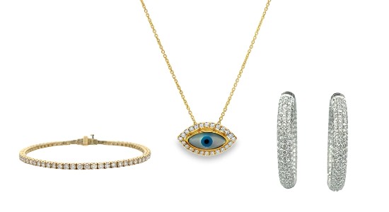 a diamond bracelet, an eye pendant necklace, and pair of diamond hoops by Weston