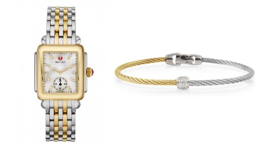 a mixed metal Michele watch next to a mixed metal bracelet