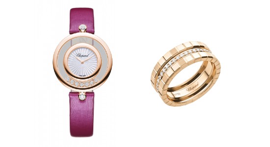 a chopard watch with a purple strap next to a rose gold and diamond ring