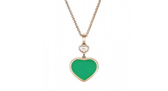 A yellow gold heart pendant necklace with a green heart, available at Weston Jewelers.