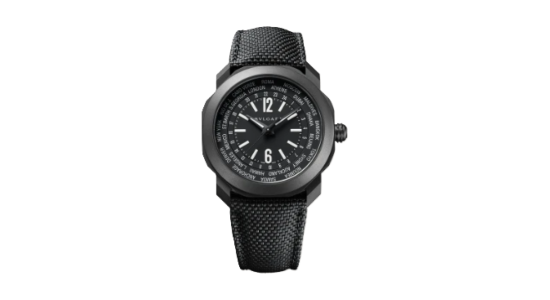 a black watch with octagonal case and a woven fabric strap.