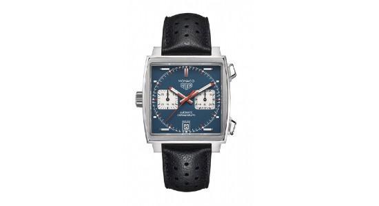 a TAG Heuer watch with a square case and a calfskin strap.