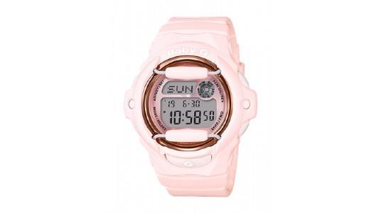 a pink G-shock watch with round case and resin strap