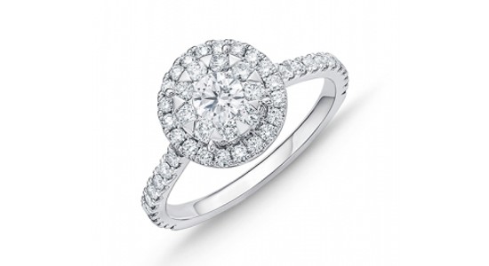 a platinum engagement ring featuring a round cut center stone and double halo