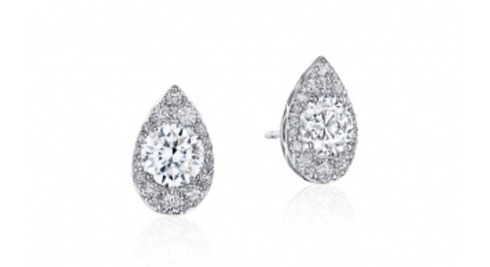 a pear shaped pair of platinum stud earrings featuring diamonds that are pave set