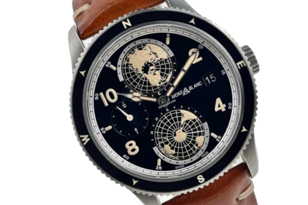 A close-up of a handsome Montblanc timepiece with a leather band, available at Weston Jewelers.